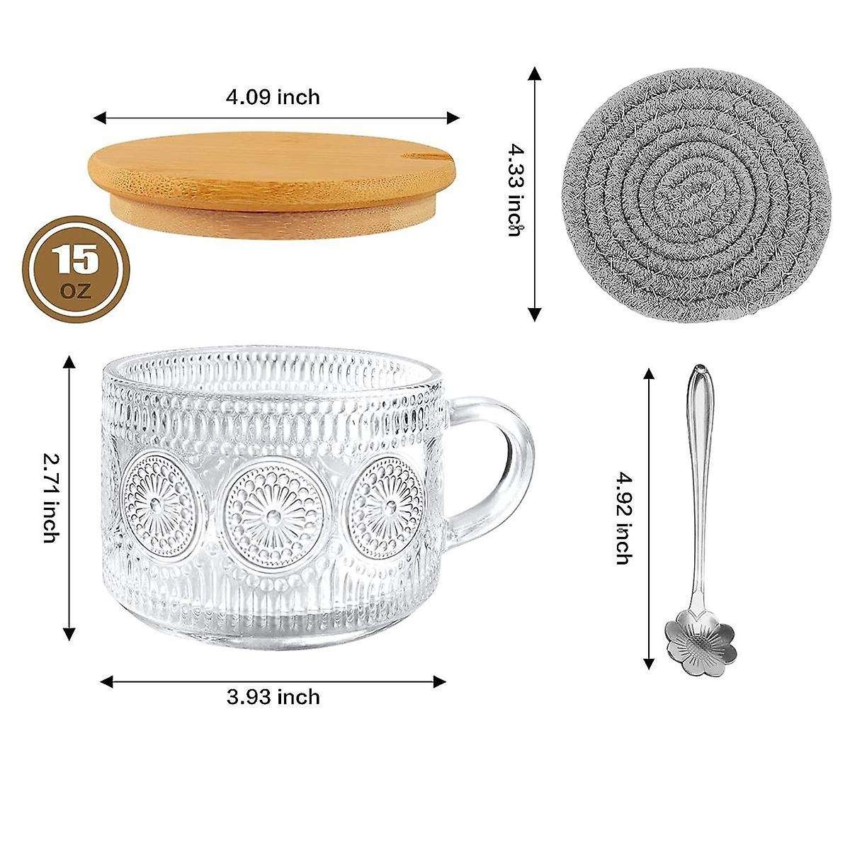 Vintage Coffee Glass Mugs Set of 2, Glass Coffee Tea Cups with Bamboo Lids, Coaster and Spoons,15Oz