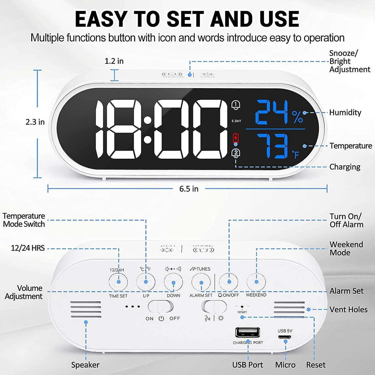 Digital Alarm Clock for Bedroom,led Desk Clock Dual Alarm Clock Black