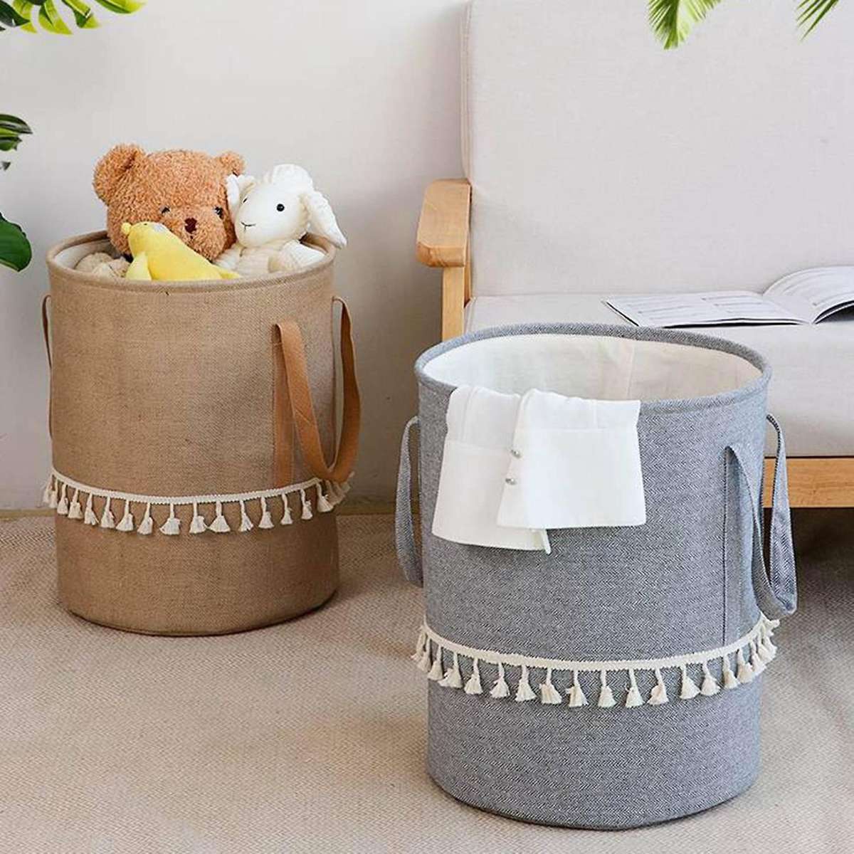 Foldable Braided Jute Cloth Basket Cotton Linen Dirty for Home Grey