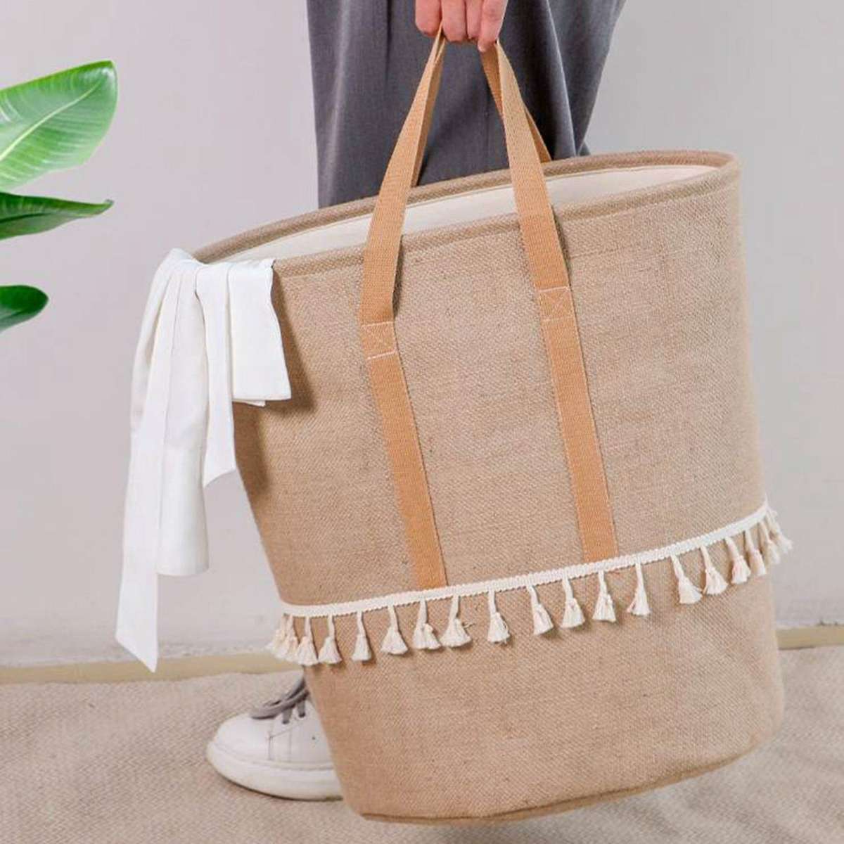 Foldable Braided Jute Cloth Basket Cotton Linen Dirty for Home Grey