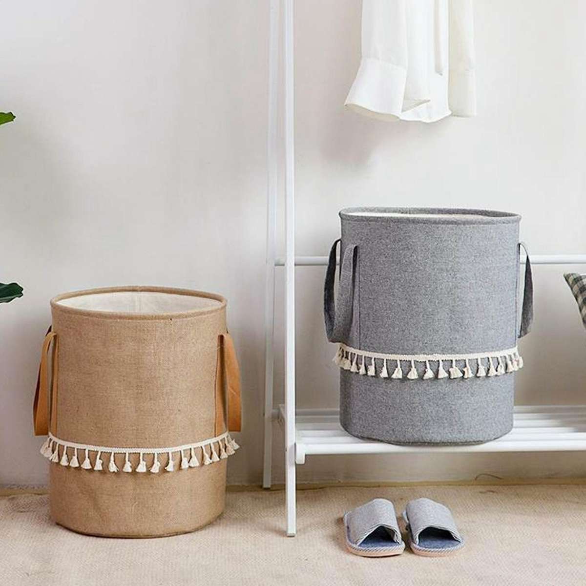 Foldable Braided Jute Cloth Basket Cotton Linen Dirty for Home Grey