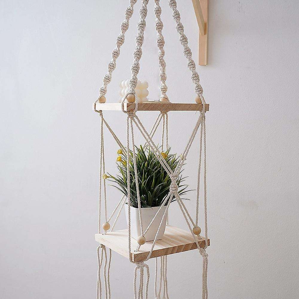 Macrame Hanging Planter Shelf Boho Home Garden Planter Rack, Square