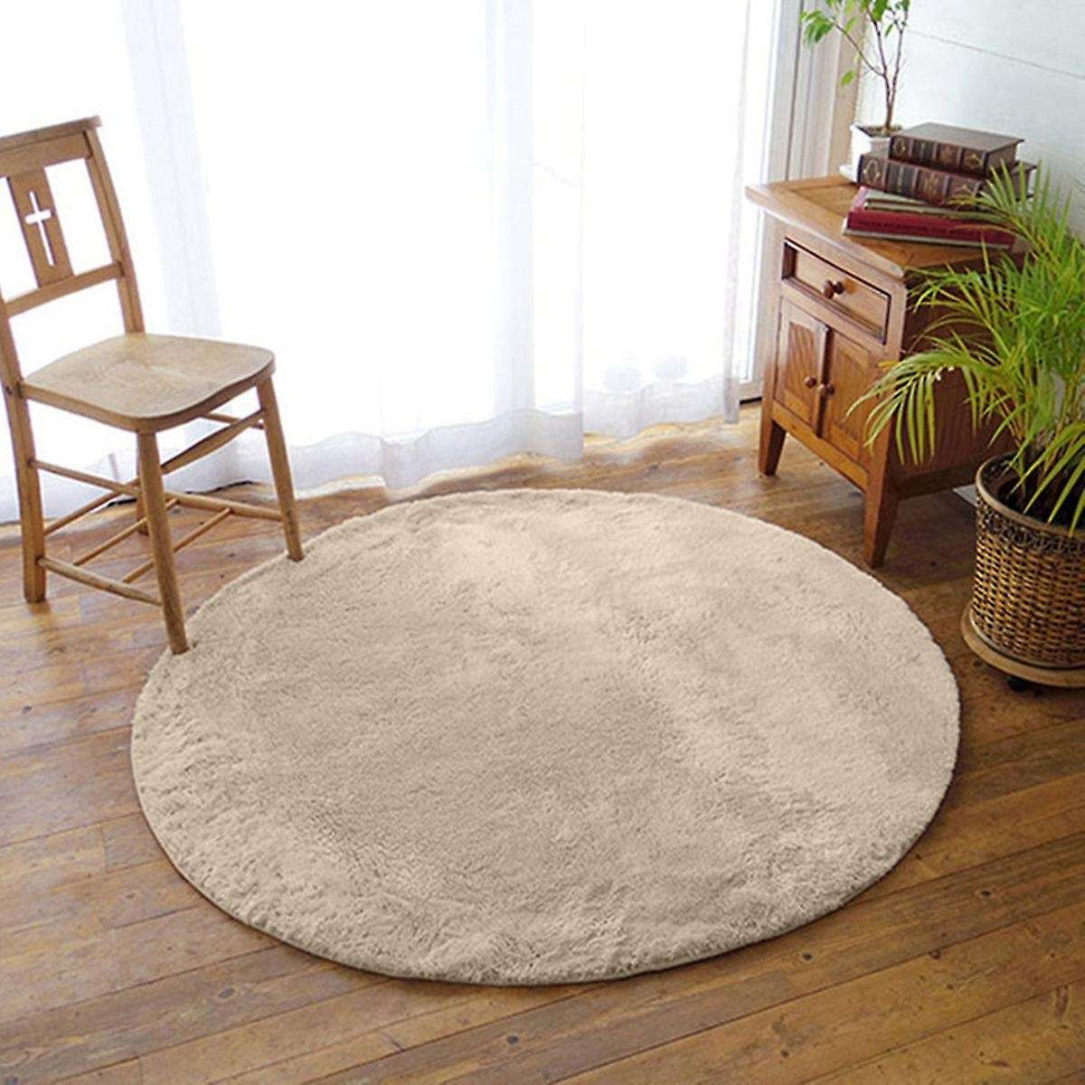 Pure Color Silk Wool Carpet Round Floor Mats Bedroom Mat Beige White