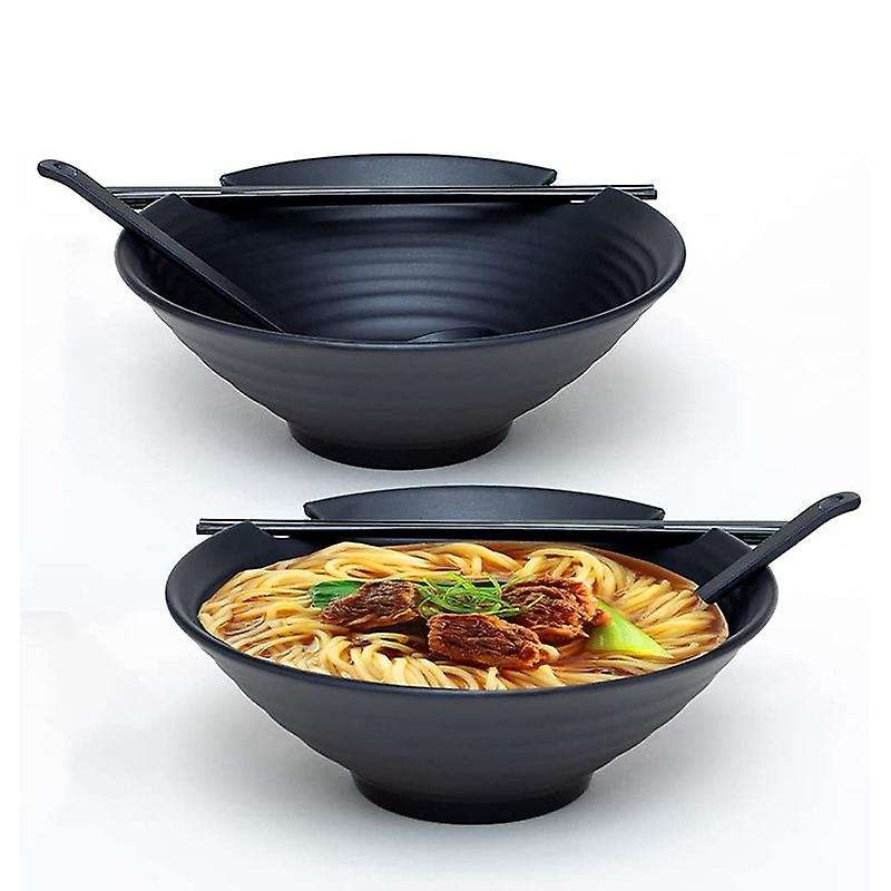Ramen Bowls, Set Of 2 Black Bowl with 2 Chopsticks and Spoon Set