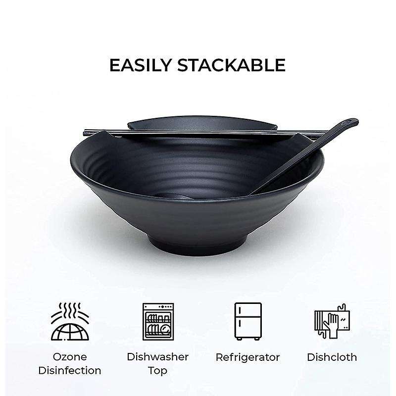 Ramen Bowls, Set Of 2 Black Bowl with 2 Chopsticks and Spoon Set