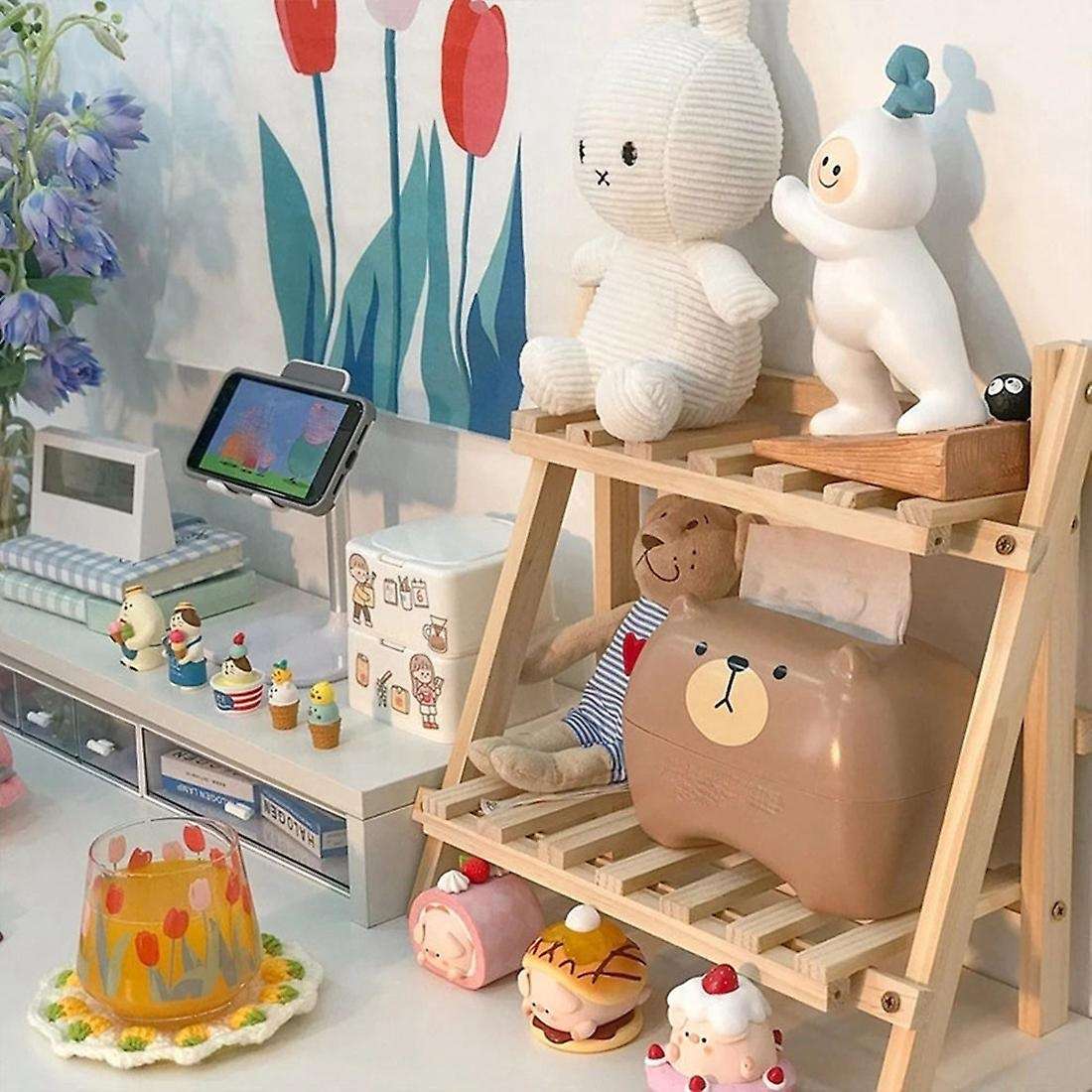 Double Layer Adjustable Wooden Bookshelf Stationery Organizer Shelves