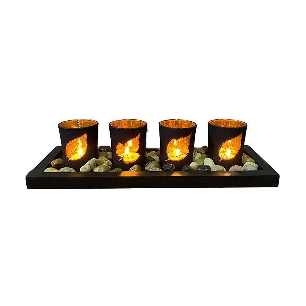 Black Leaf Hollow Candlestick Wooden Set Glass Candle Table Crafts