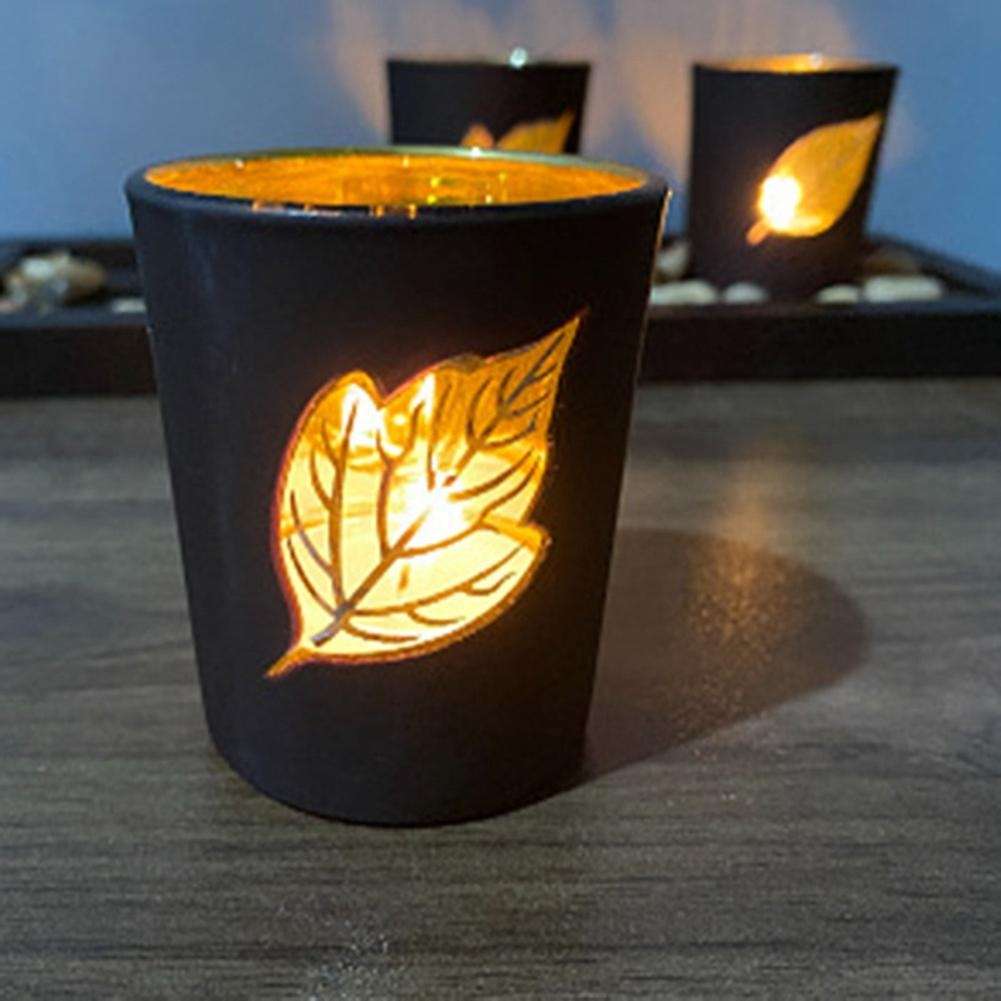 Black Leaf Hollow Candlestick Wooden Set Glass Candle Table Crafts