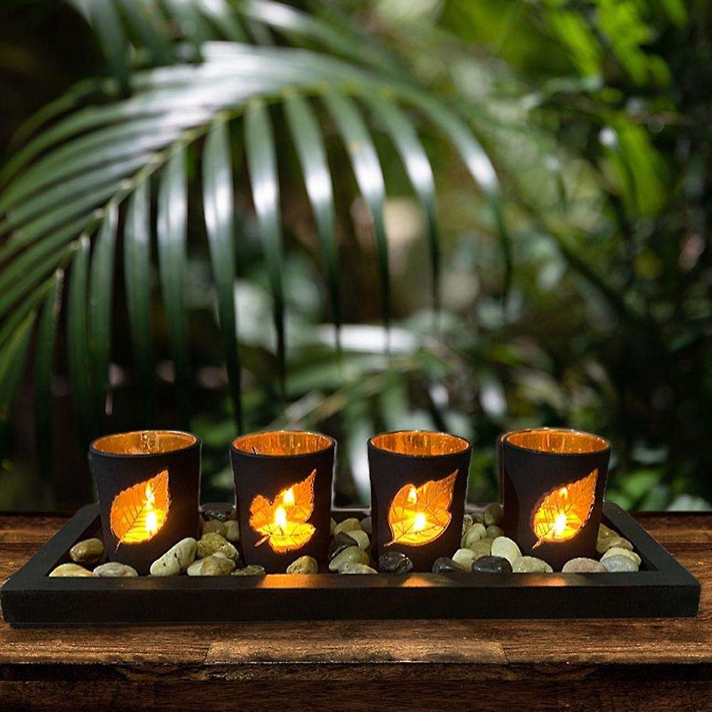 Black Leaf Hollow Candlestick Wooden Set Glass Candle Table Crafts