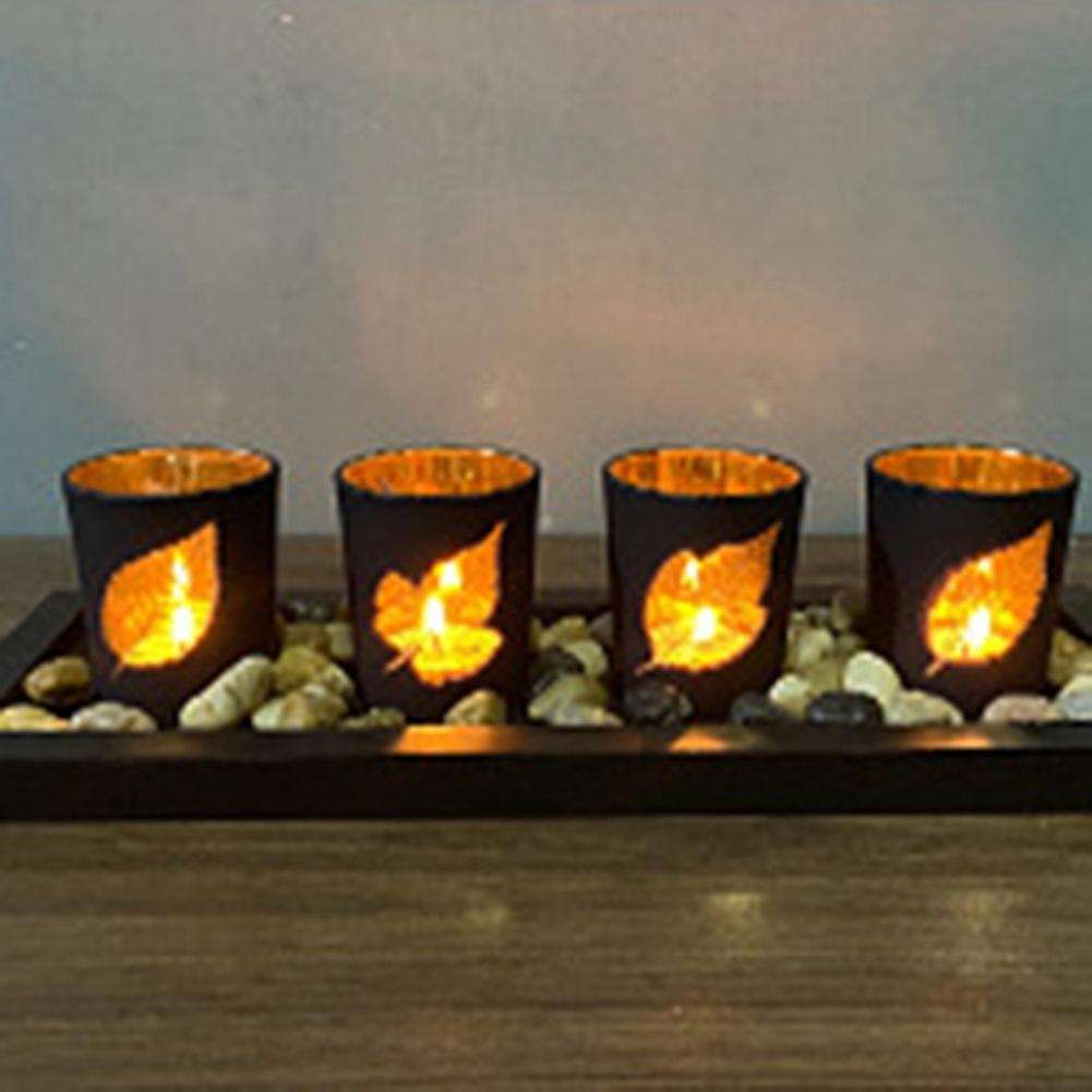 Black Leaf Hollow Candlestick Wooden Set Glass Candle Table Crafts