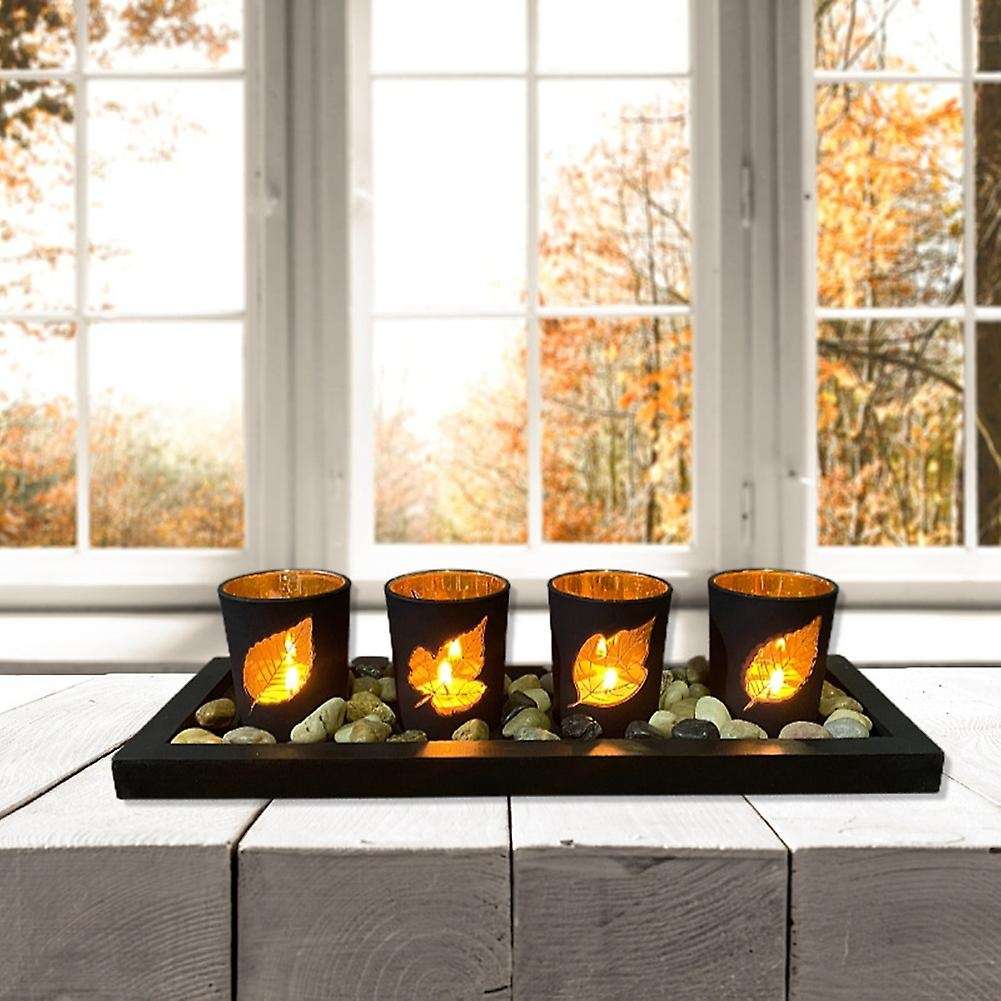 Black Leaf Hollow Candlestick Wooden Set Glass Candle Table Crafts