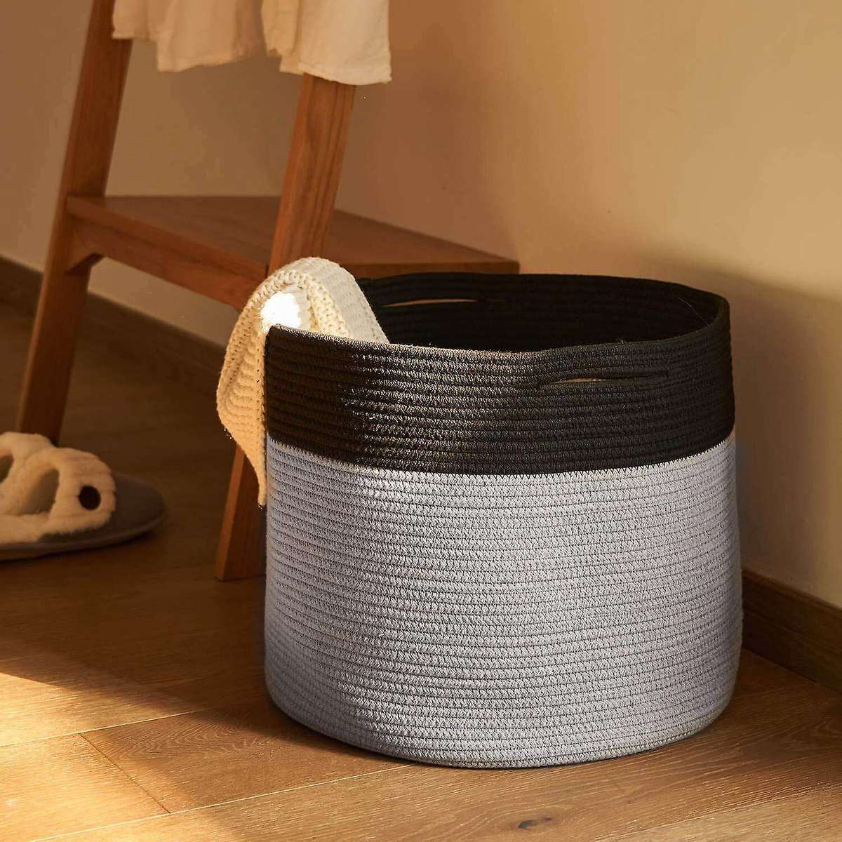 Large Cotton Rope Basket 15.8x15.8x13.8inch, Black & Grey