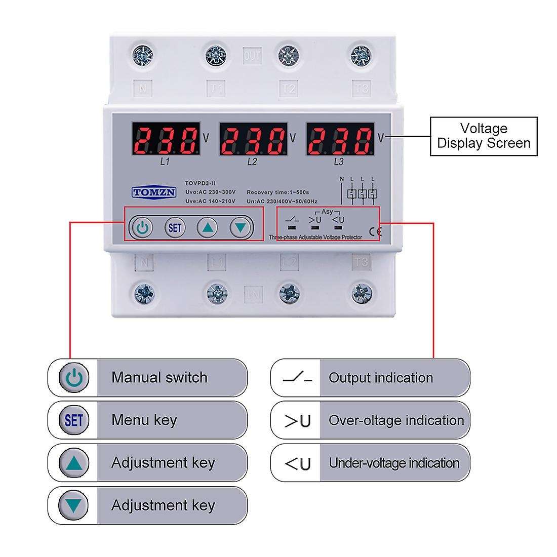 Tomzn Three Phase Adjustable Over and Under Voltage Protector 63a