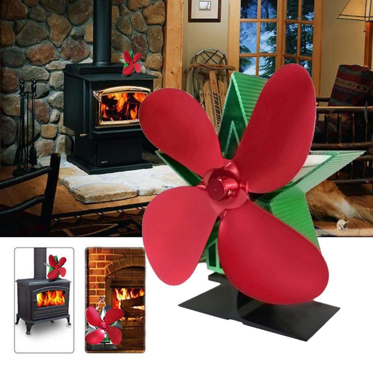 Fireplace Fan 4 Blade Heat Powered Stove Fan Log Wood Burner Black