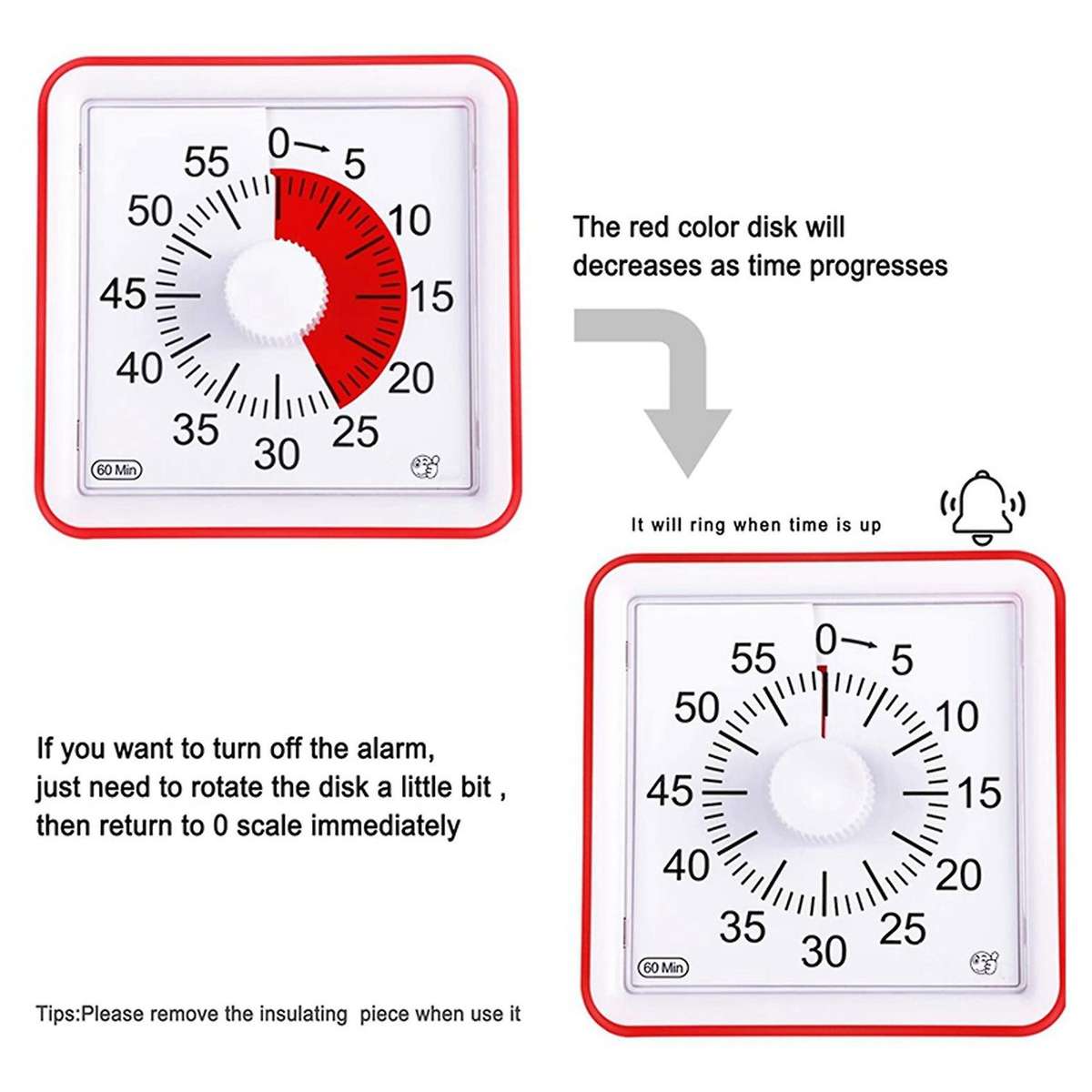 60 Minute Kids Timer,3 Inch Silent Visual Analog Timer for Kids,red