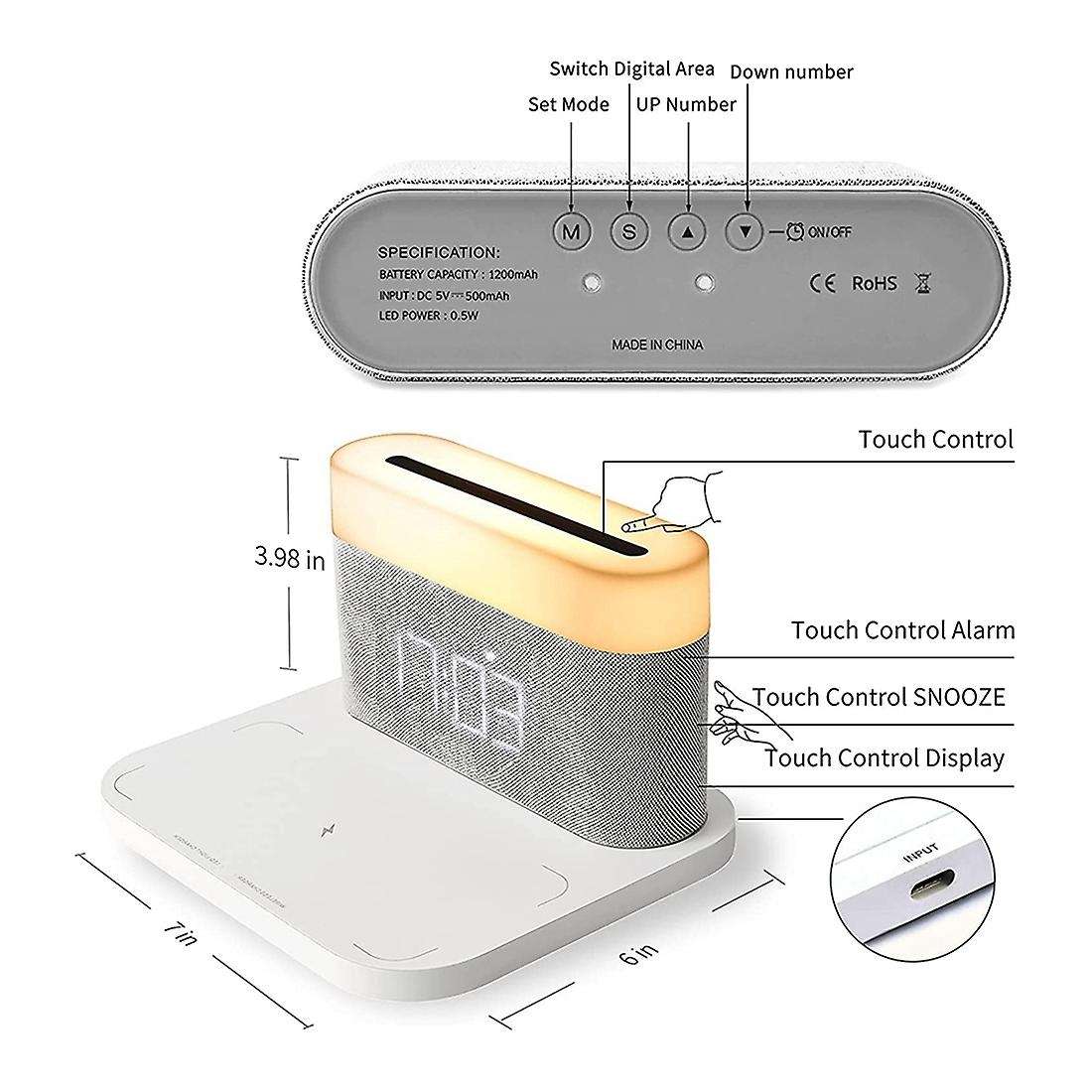 10w Qi Charging Alarm Clock Led Light Adjustable Touch Three Colors