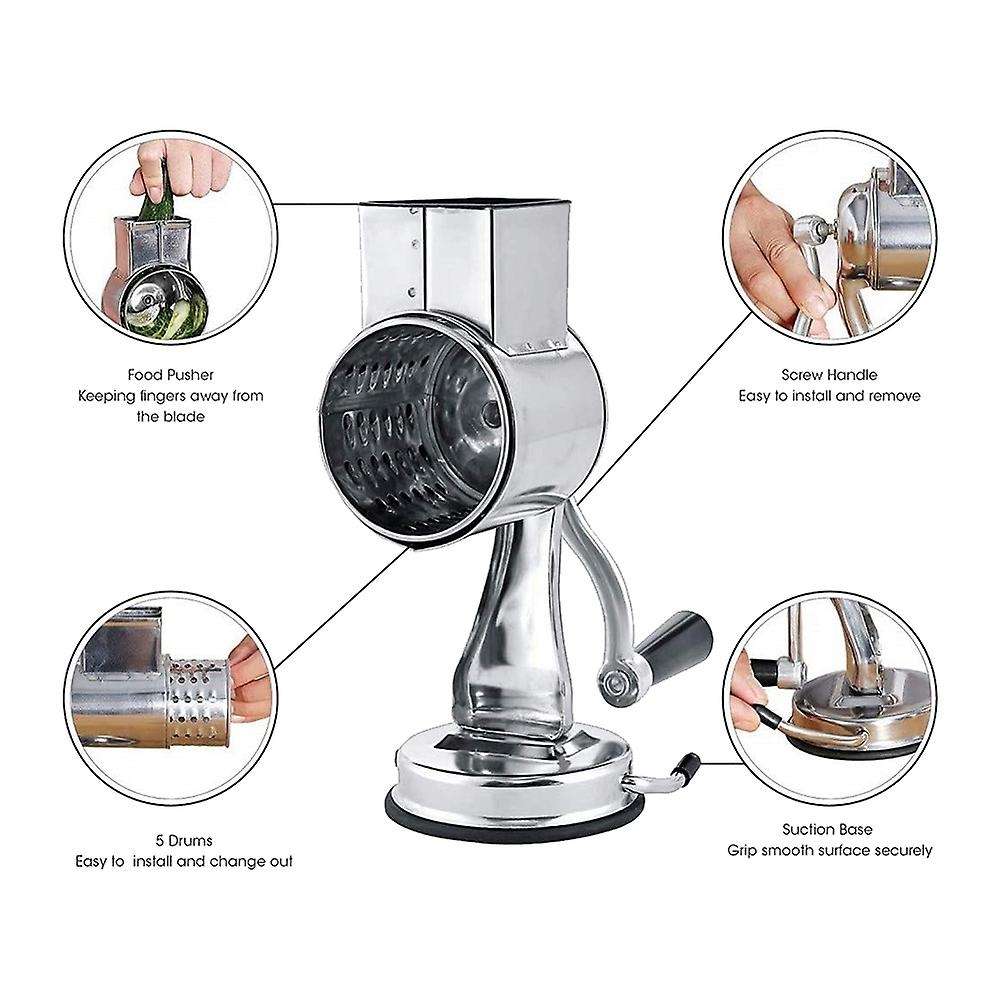 Stainless Steel Cheese Grater, Rotary Chopper, Shredder 5 Blades