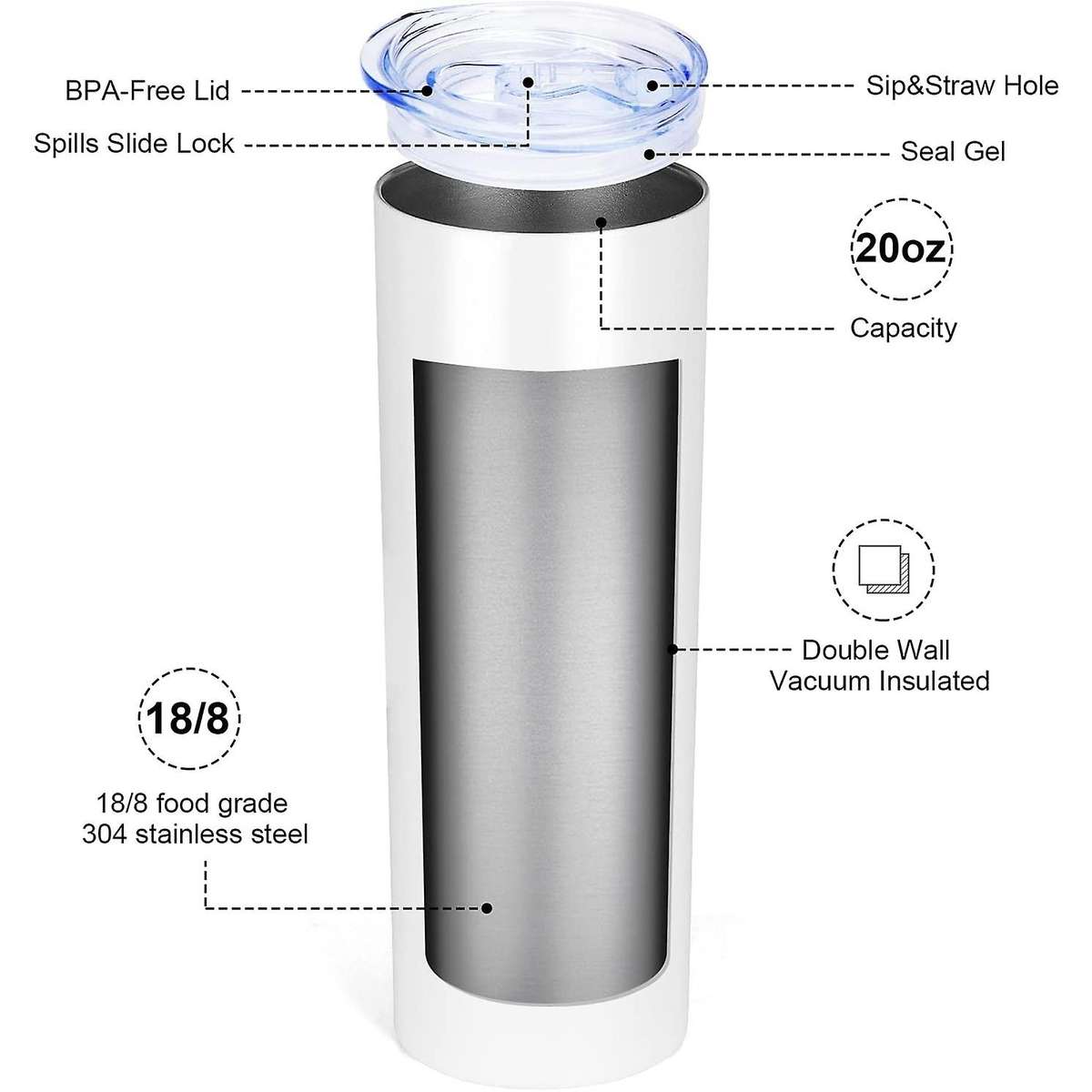 4 Pack Stainless Steel Tumbler 20oz Insulated Tumbler Cups-white