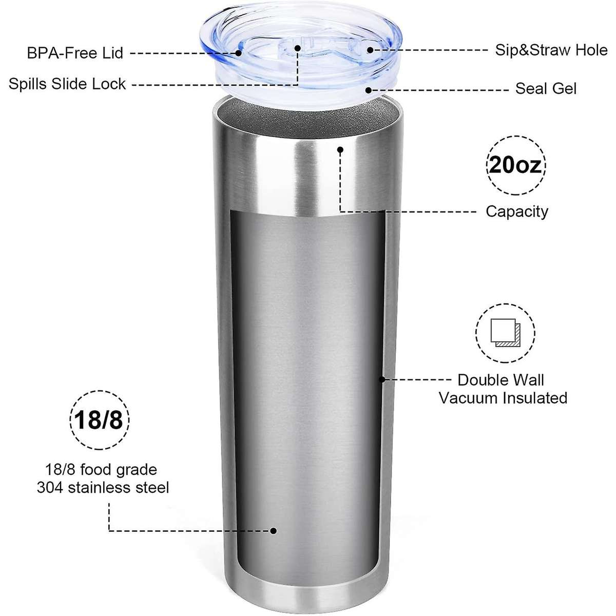 4 Pack Stainless Steel Tumbler 20oz Insulated Tumbler Cups-silver