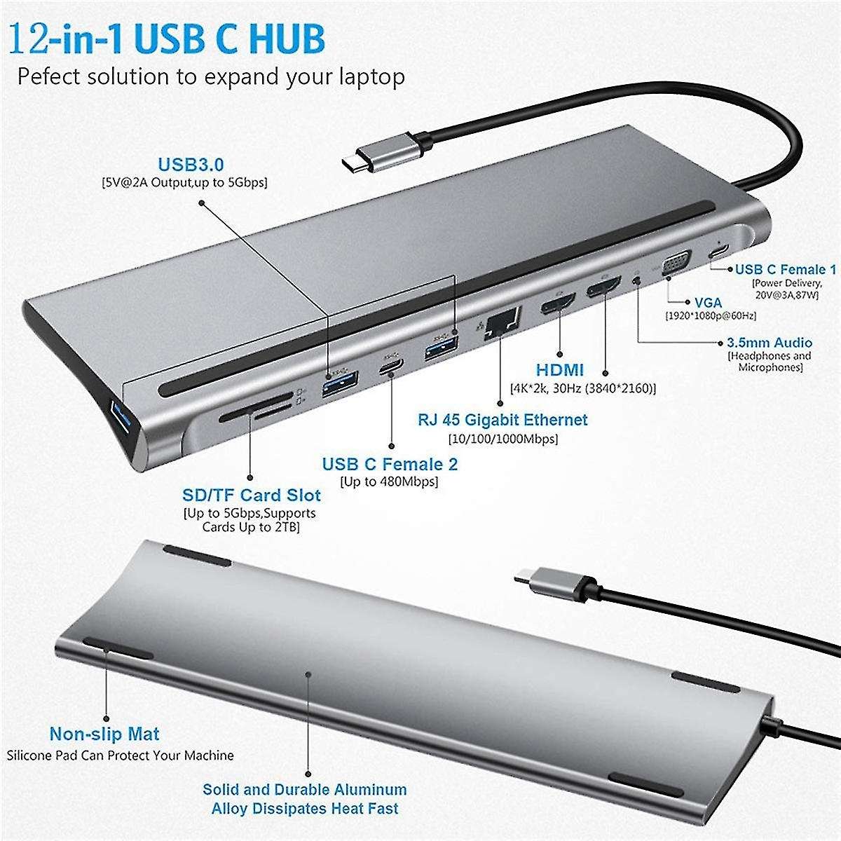 Docking Station Hub Type-c 12-in-1 for Macbook and Usb C Laptops