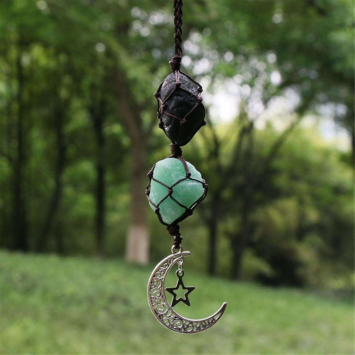 Car Star Moon Pendant Stone Crystal Chakra Quartz Net Bag Pendant Home Wall Hanging Decor Car Pendan