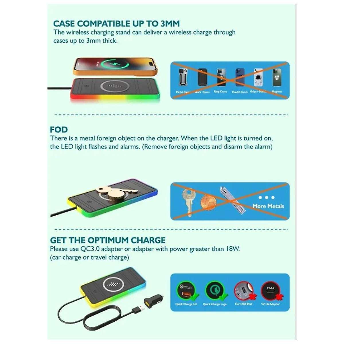 Car Wireless Charger with Breathing Light RGB Car Anti-Slip Pad Wireless Charging Suitable for