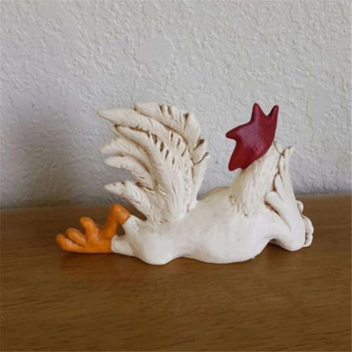 Chicken Rooster Decor Statue, Small Resin Cocks Figurine Sculpture, Mini Funny Side Lying Winking Co