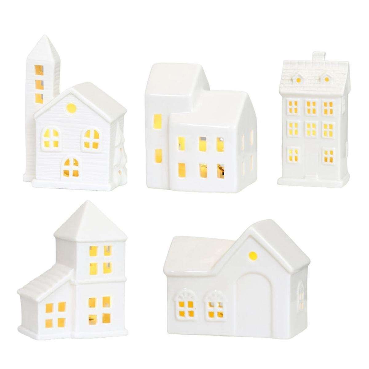 Christmas Indoor Ornaments Village Sets Of 5 Lighted Ceramic Houses Xmas Holiday Farmhouse Rustic D
