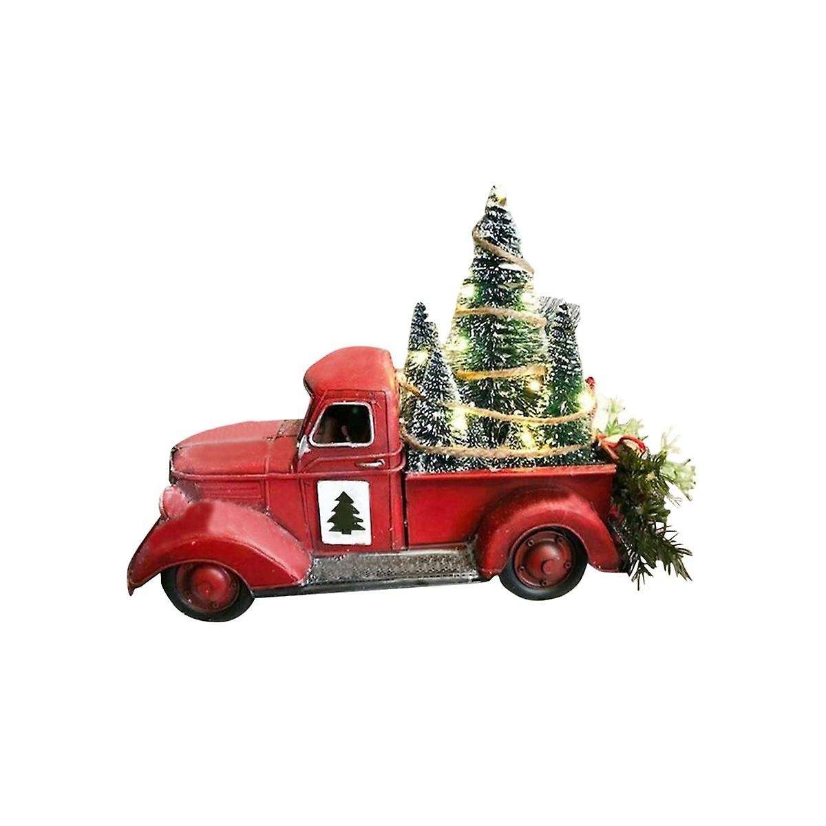 Christmas Red Truck Decor, Farmhouse Resin Truck Planter Lighted Decorations Red Truck with Mini