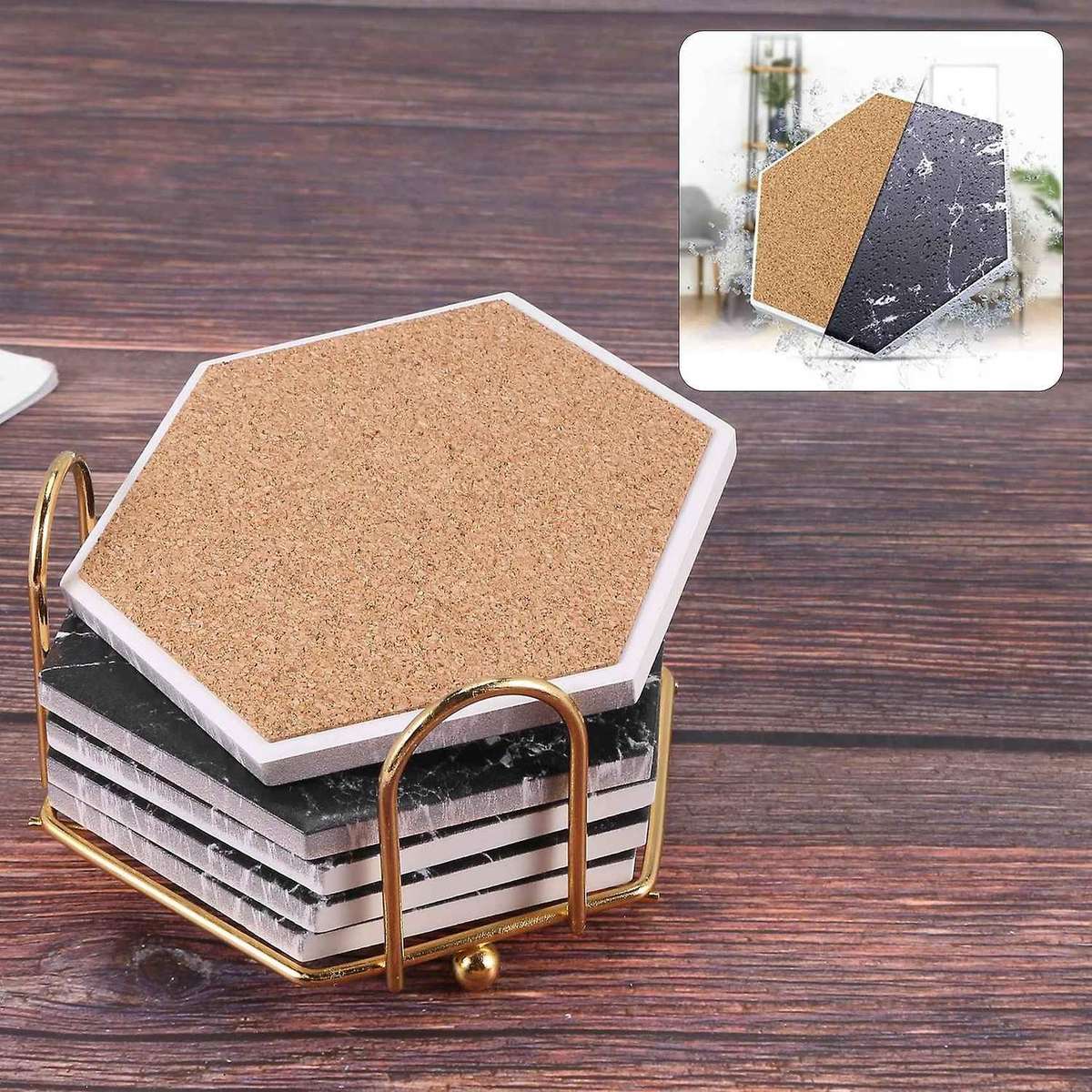 Coasters for Drinks with Gold Holder,absorbent Ceramic Coasters with Marble Design,coaster Set,tabl