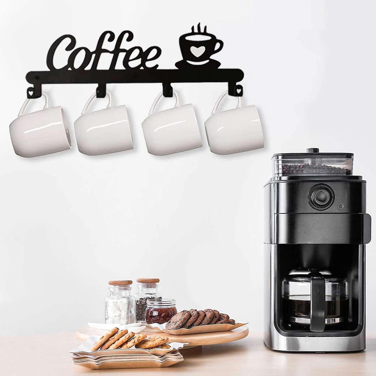 Coffee Mug Holder Wall Mounted(4 Hooks),Kitchen or Coffee Bar Decor Sign,for Coffee Mug Hangers Disp