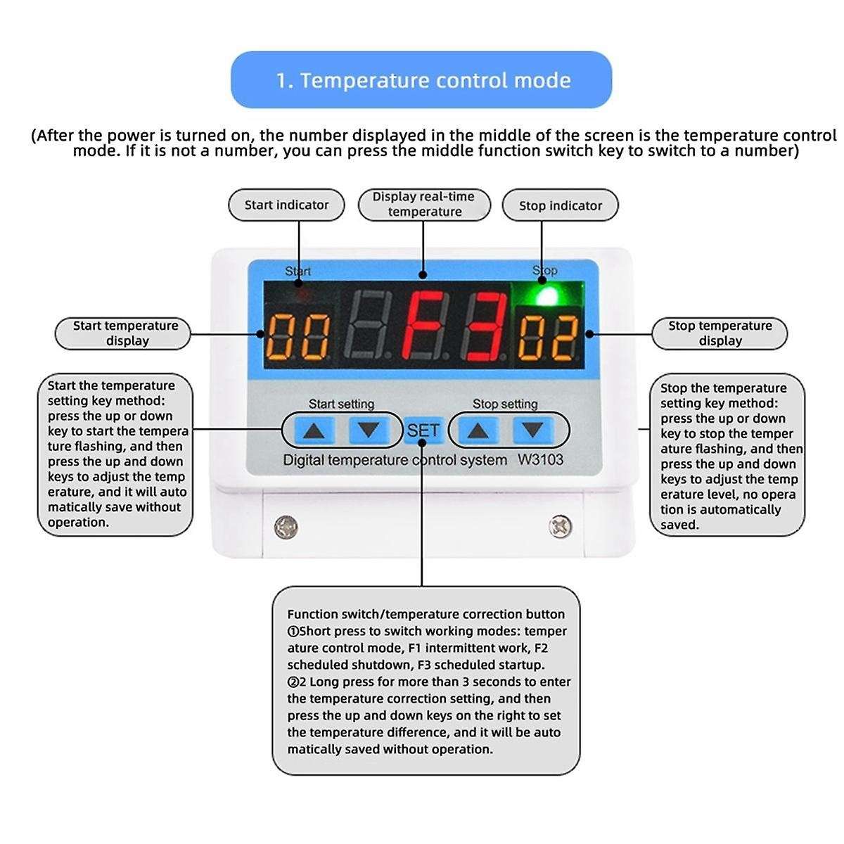 W3103 AC 220V Max Digital Thermostat 30A Temperature Controller Switch Wall Hanging DC 12V 24V Therm