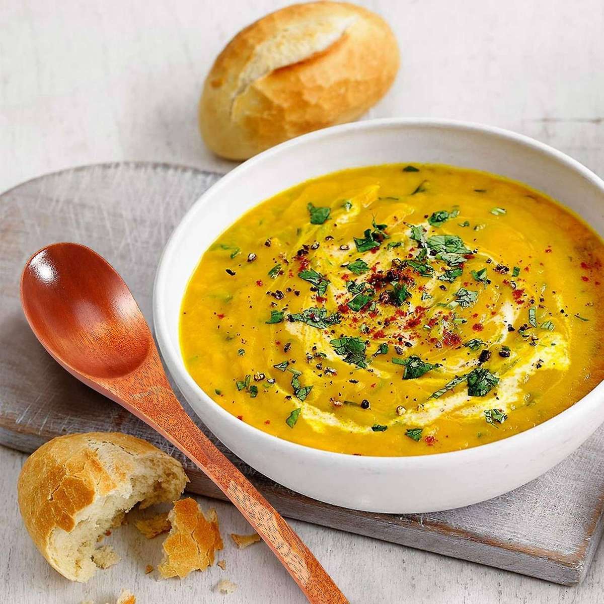 Wooden Soup Spoons, 6 Pieces 7.84 Inches Japanese Ramen Spoons Round Nanmu Wood Long Handle Kids Ric