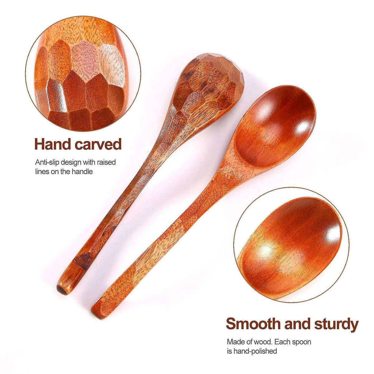 Wooden Soup Spoons, 6 Pieces 7.84 Inches Japanese Ramen Spoons Round Nanmu Wood Long Handle Kids Ric
