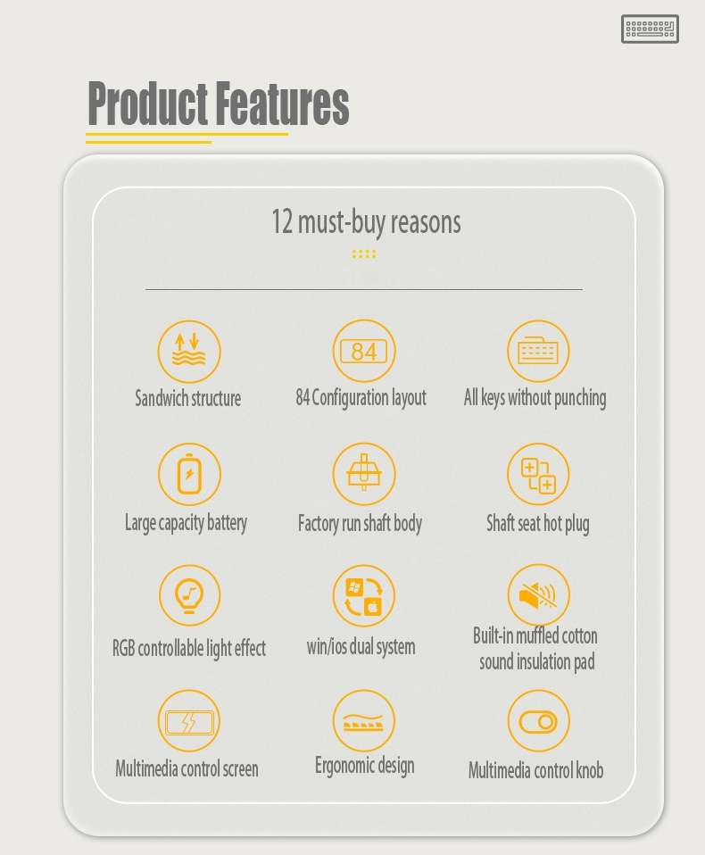 LANGTU LT84 Mechanical Luminous Keyboard, Style: Wireless Tri-mode Monochrome Gold Shaft (Dawn)