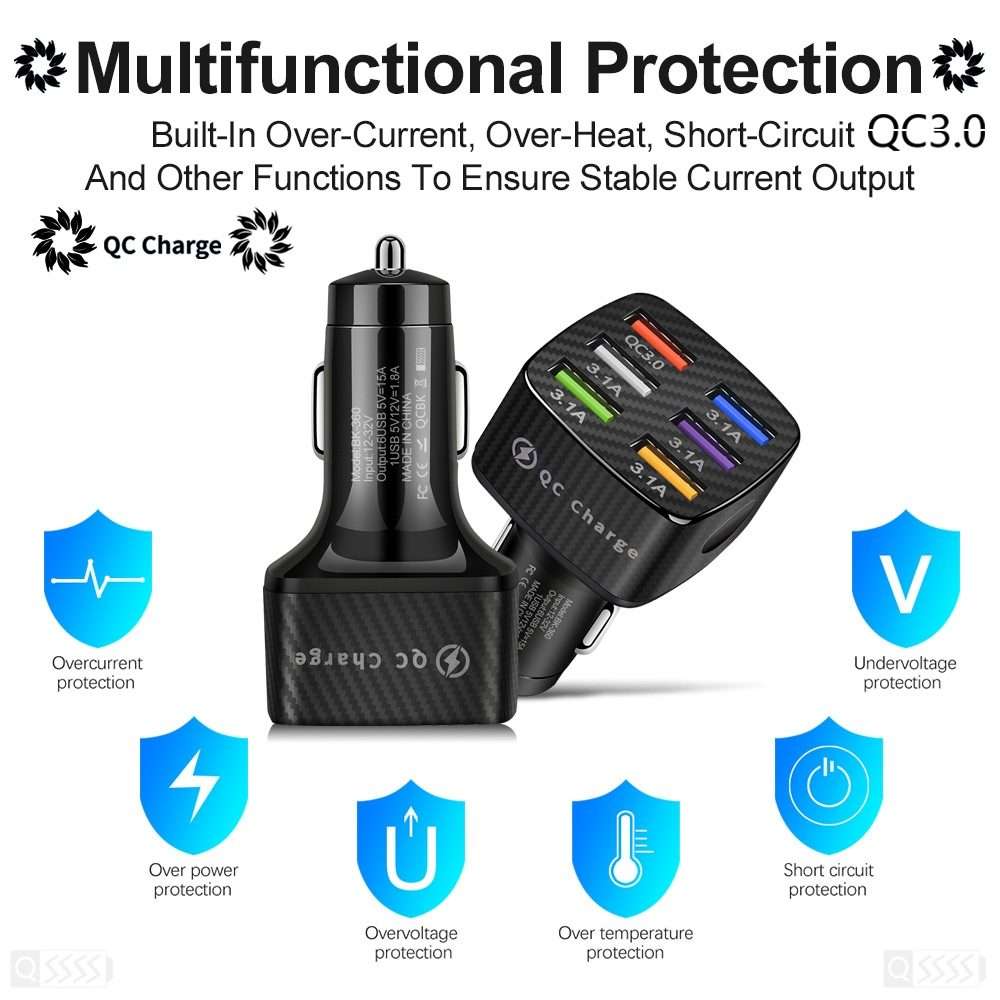 BK-360 6 in 1 QC3.0+3.1A USB luminescent Car Charger (Black)