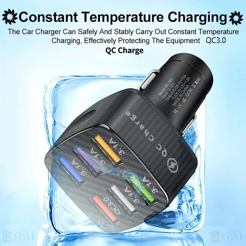 BK-360 6 in 1 QC3.0+3.1A USB luminescent Car Charger (Black)