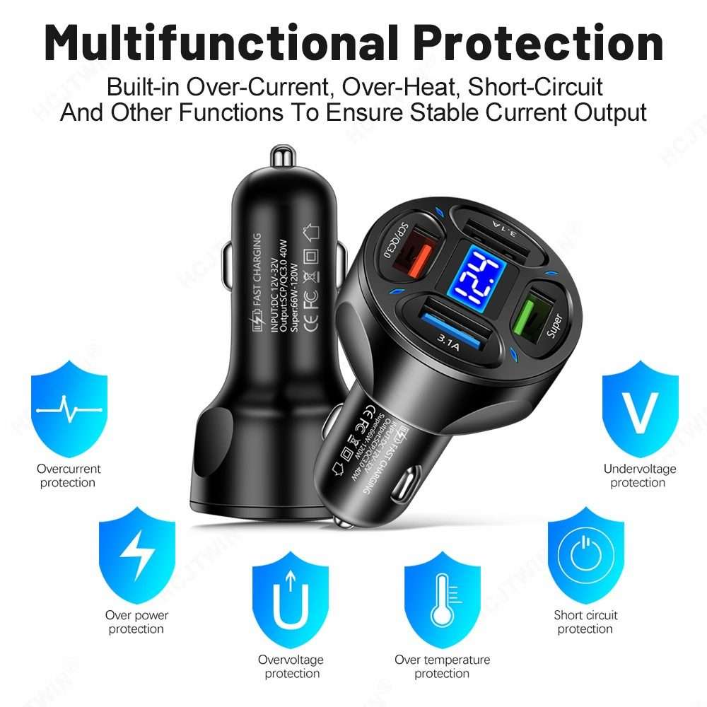 66W 4 in 1 Digital Display Fast Charging Car Charger with Voltmeter (White)
