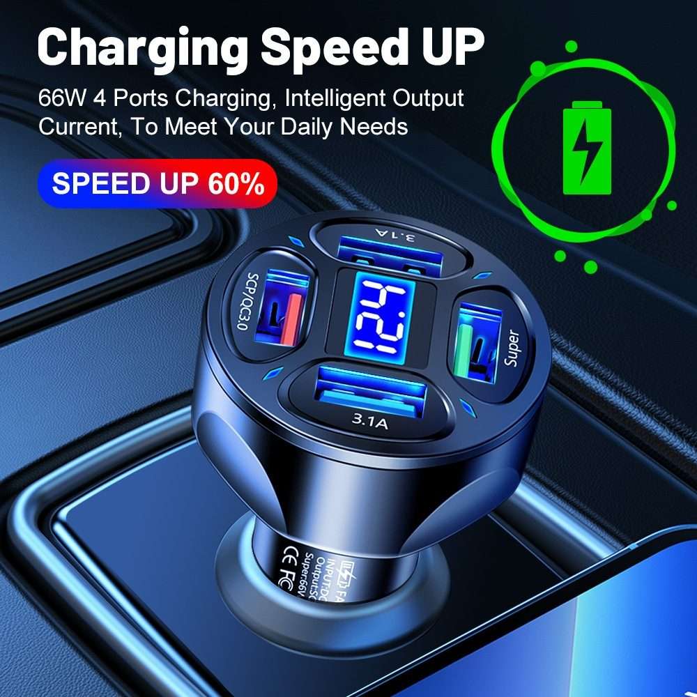 66W 4 in 1 Digital Display Fast Charging Car Charger with Voltmeter (White)