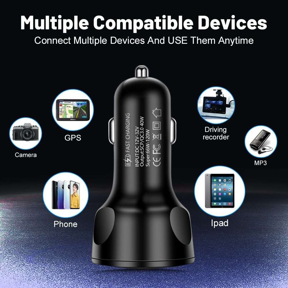66W 4 in 1 Digital Display Fast Charging Car Charger with Voltmeter (White)