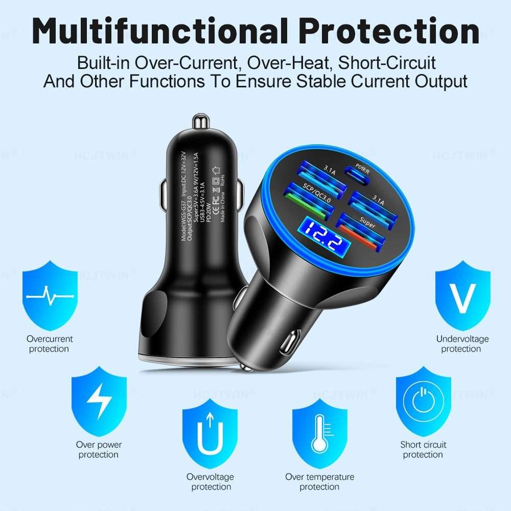 WGS-G37 5 in 1 Digital Display Super Fast Charging Car Charger with Voltmeter (Black)