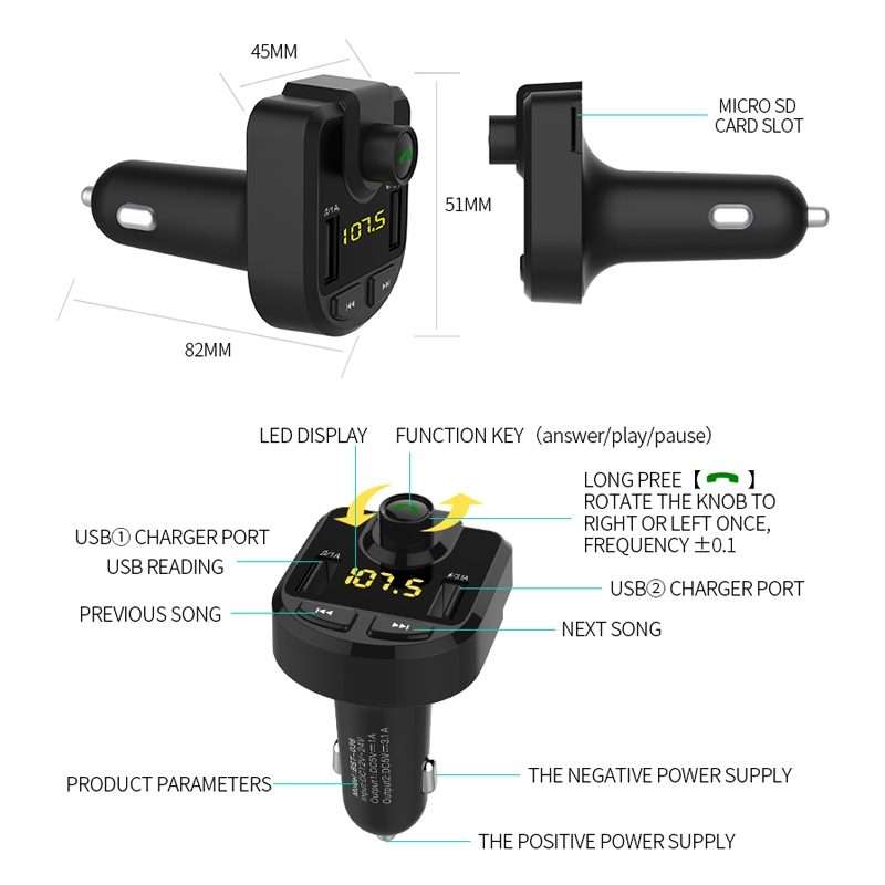 Bluetooth FM Transmitter Wireless In-Car Radio Adapter Music Player Hands-Free Calling Car Kit