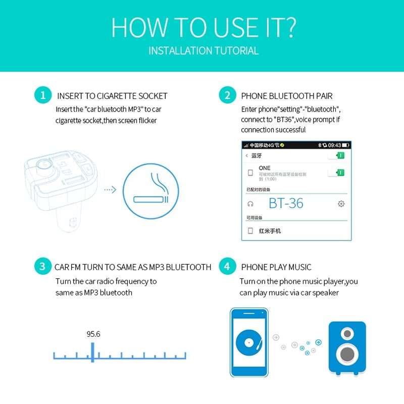 Bluetooth FM Transmitter Wireless In-Car Radio Adapter Music Player Hands-Free Calling Car Kit