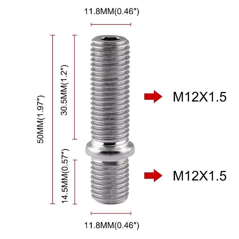20 PCS 5cm Universal Car Modification Extended Wheels Stud Conversion M12x1.5 to M12x1.5 Screw Ada