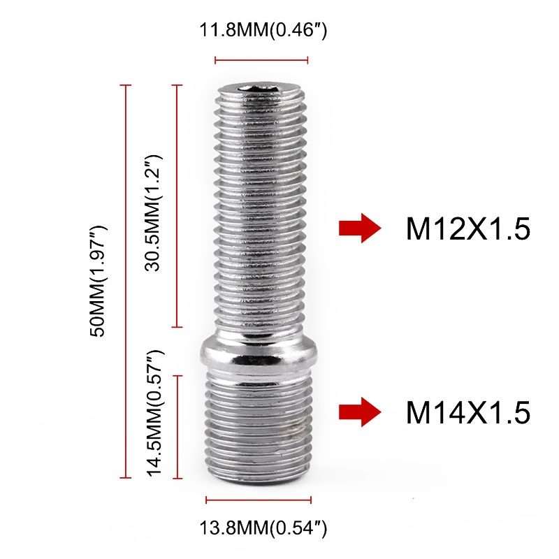 20 PCS 5cm Universal Car Modification Extended Wheels Stud Conversion M14x1.5 to M12x1.5 Screw Ada