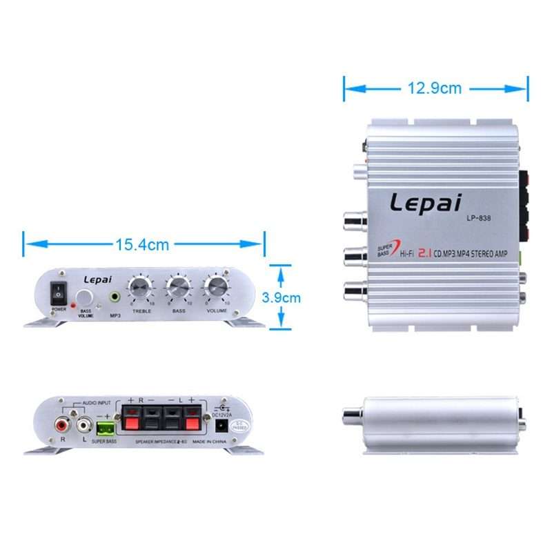 Car 2.1CH HIFI Subwoofer Amplifier Audio, Support MP3(Silver)
