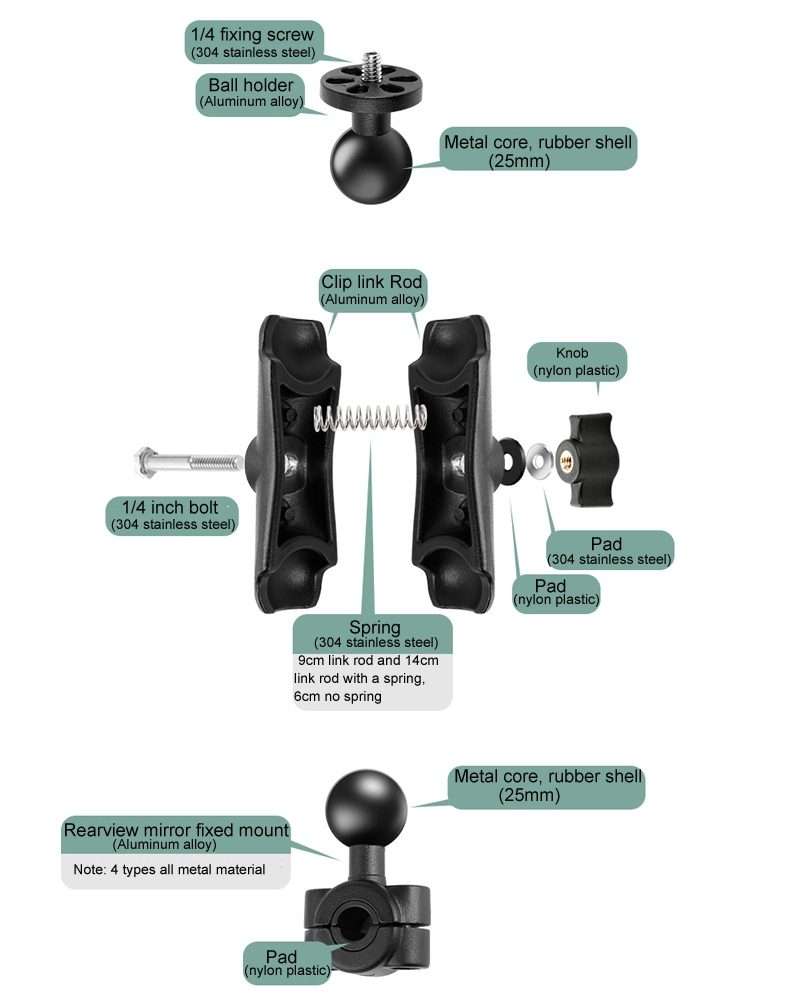 1/4 inch Screw 25mm Ball Head Motorcycle Fixed Mount Holder with Tripod Adapter & Scre ... (Black)