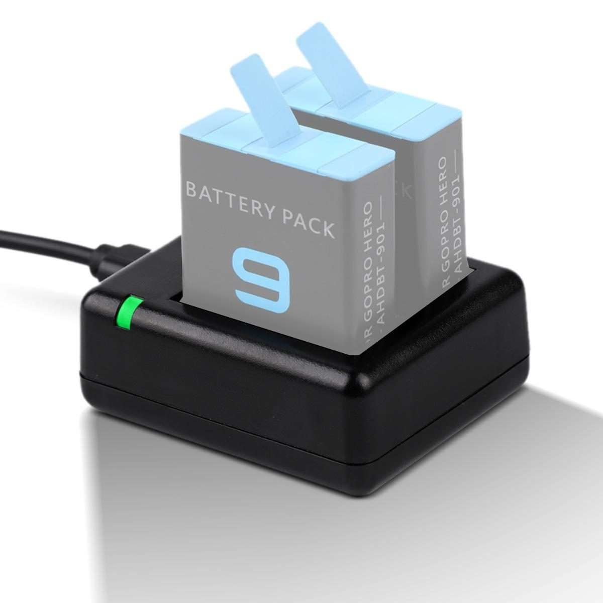 USB Dual Batteries Charger with Cable & Indicator Light for GoPro HERO9 Black / HERO10 ... (Black)