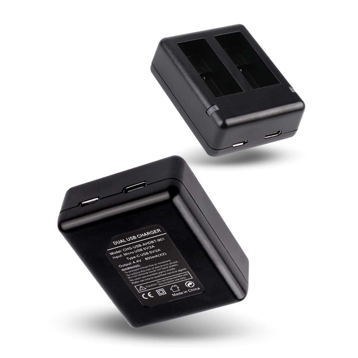 USB Dual Batteries Charger with Cable & Indicator Light for GoPro HERO9 Black / HERO10 ... (Black)