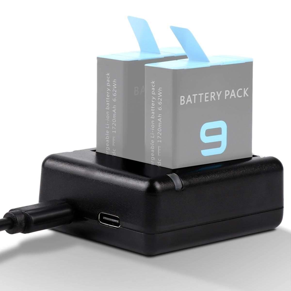 USB Dual Batteries Charger with Cable & Indicator Light for GoPro HERO9 Black / HERO10 ... (Black)